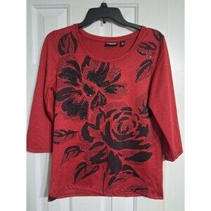 Women's Onque Casual 3/4 Sleeve Red Studded Top Blouse Size S